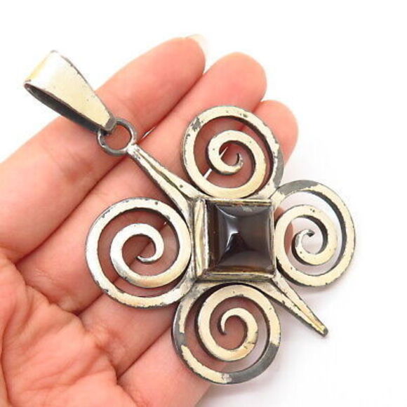 Jewelry - 925 Sterling Silver 2-Tone Vintage Israel Teppich Smoky Quartz Swirl Pendant